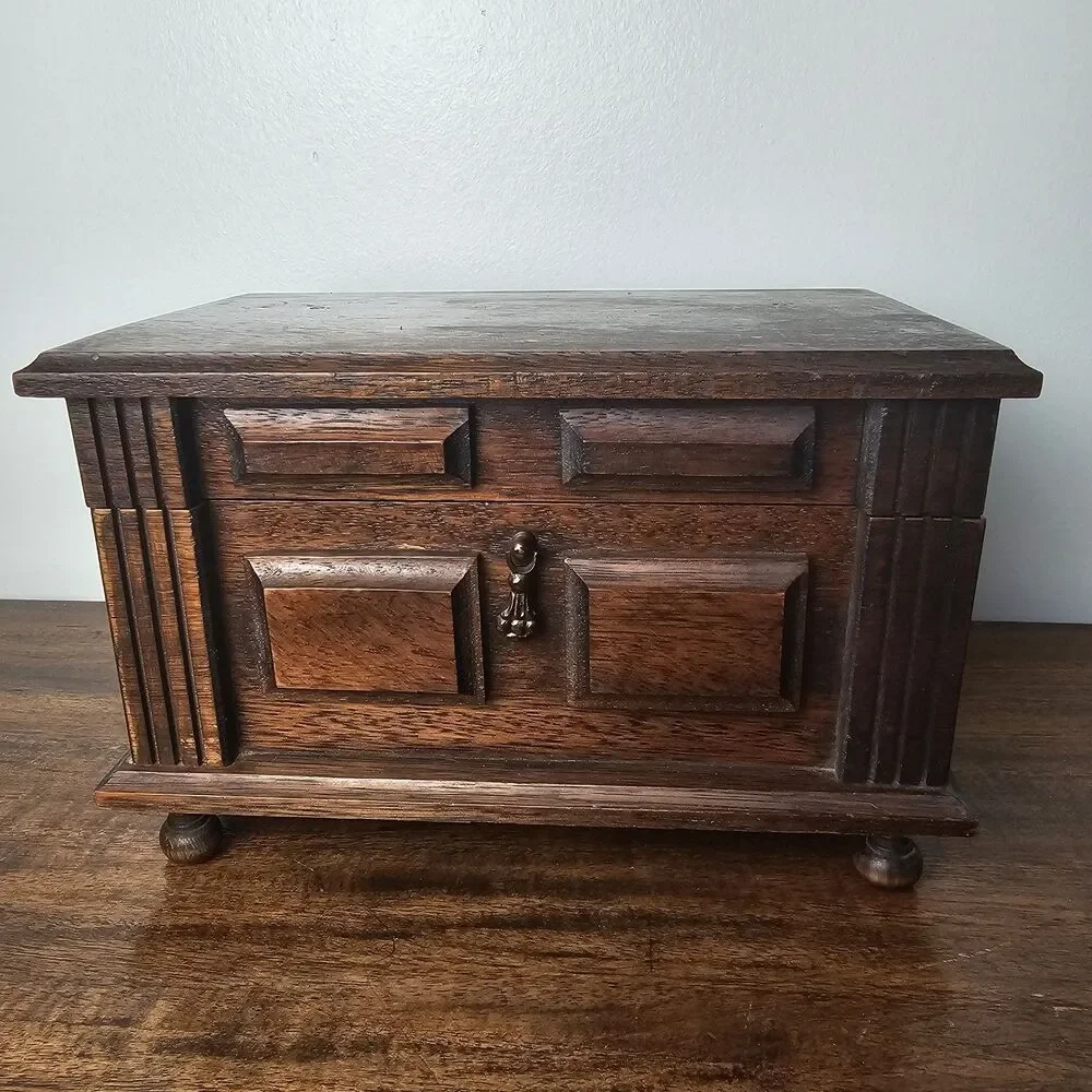 Vintage 1960s Retro Footed Wooden Jewelry Box, Mustard Gold Velvet Lined